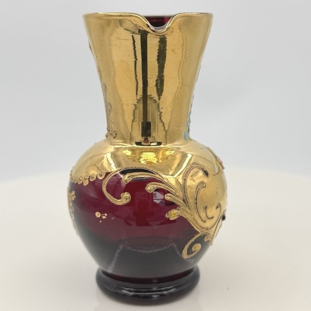 Vintage Murano Tre Fuochi Ruby Red Gold Miniature Pitcher Hand Painted 4" - Picture 3 of 11